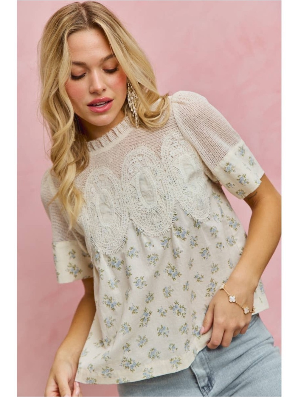 So Me BLUE FLORAL PRINT LACE TRIM COTTON BLOUSE TOP - Picture 2 of 10